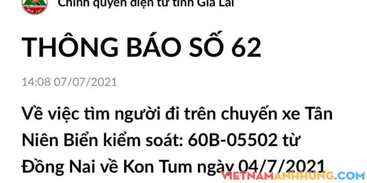 THÔNG BÁO SỐ 62: Về việc tìm người đi trên chuyến xe Tân Niên Biển kiểm soát: 60B-05502 từ Đồng Nai về Kon Tum ngày 04/7/2021