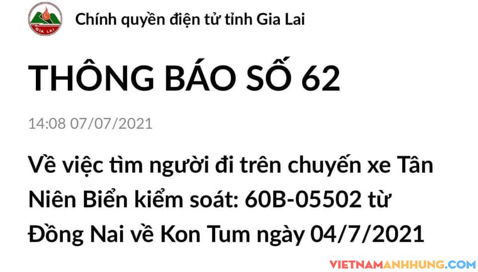 THÔNG BÁO SỐ 62: Về việc tìm người đi trên chuyến xe Tân Niên Biển kiểm soát: 60B-05502 từ Đồng Nai về Kon Tum ngày 04/7/2021