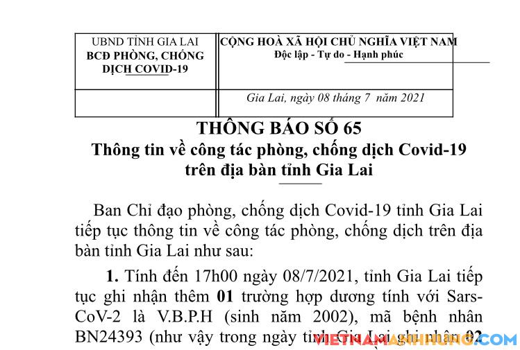 Chiều 08/7/2021: Gia Lai phát hiện thêm 01 trường hợp dương tính Covid-19
