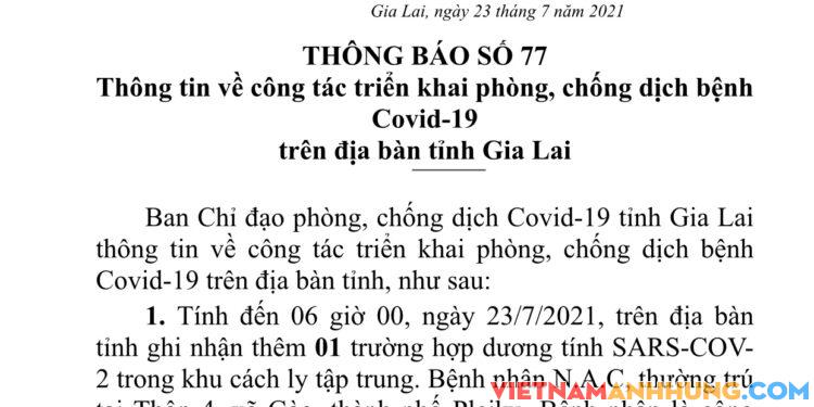 Thông báo số 77: Ghi nhận thêm 01 ca dương tính với Sars-CoV-2 trong khu cách ly