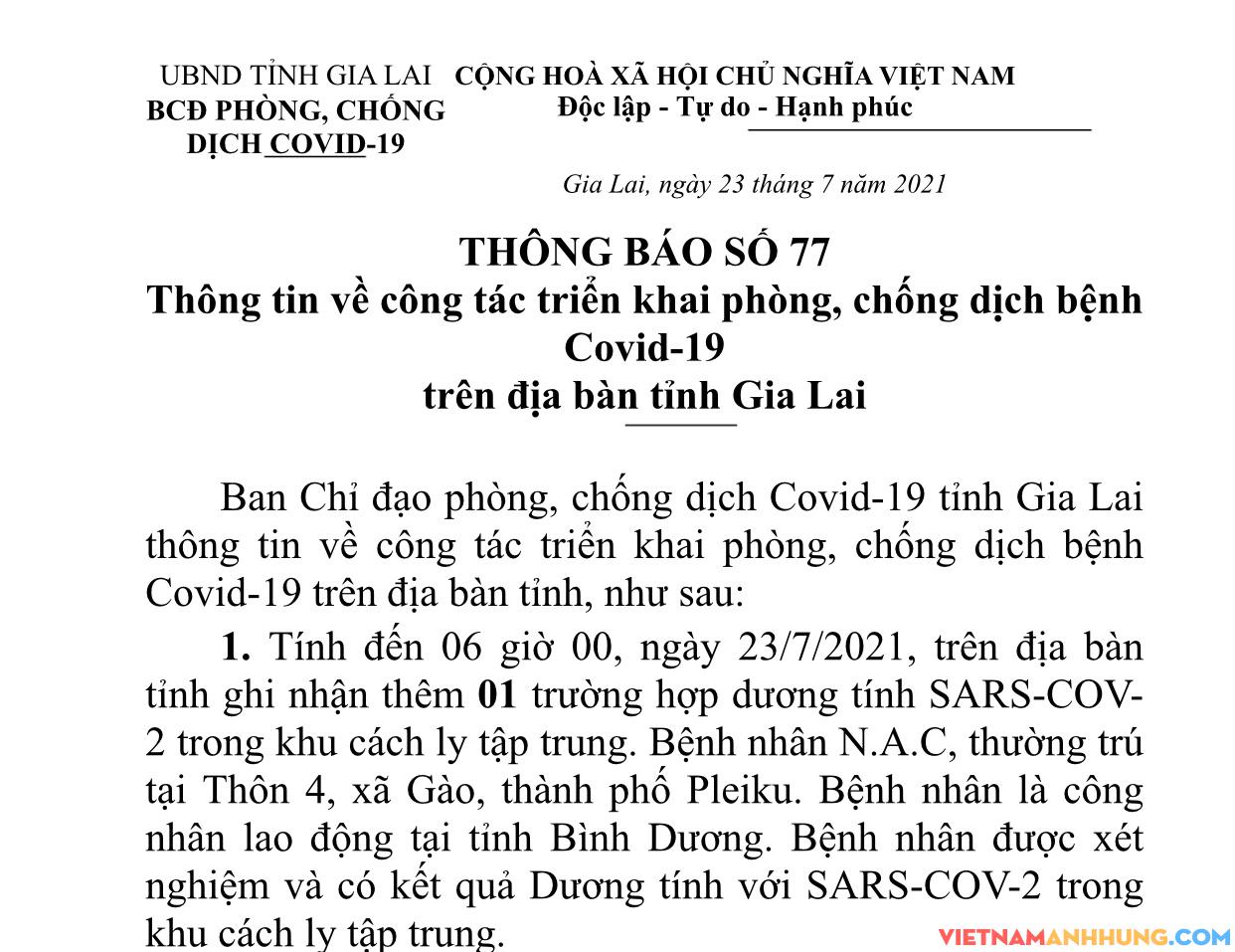 Thông báo số 77: Ghi nhận thêm 01 ca dương tính với Sars-CoV-2 trong khu cách ly