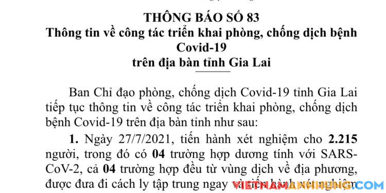 Thông báo số 83: Gia Lai phát hiện thêm 04 trường hợp dương tính Sars-CoV-2 trong khu cách ly