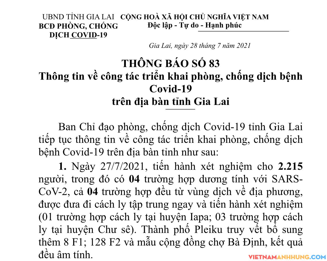 Thông báo số 83: Gia Lai phát hiện thêm 04 trường hợp dương tính Sars-CoV-2 trong khu cách ly