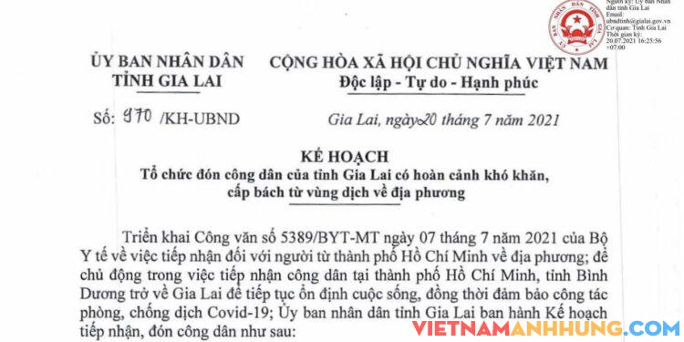 Kế hoạch của UBND tỉnh Gia Lai về việc tổ chức đón công dân của tỉnh có hoàn cảnh khó khăn, cấp bách từ vùng dịch về địa phương