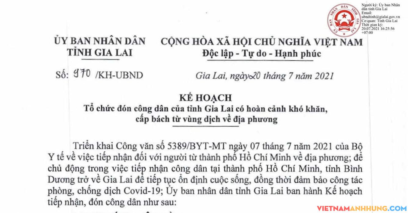 Kế hoạch của UBND tỉnh Gia Lai về việc tổ chức đón công dân của tỉnh có hoàn cảnh khó khăn, cấp bách từ vùng dịch về địa phương