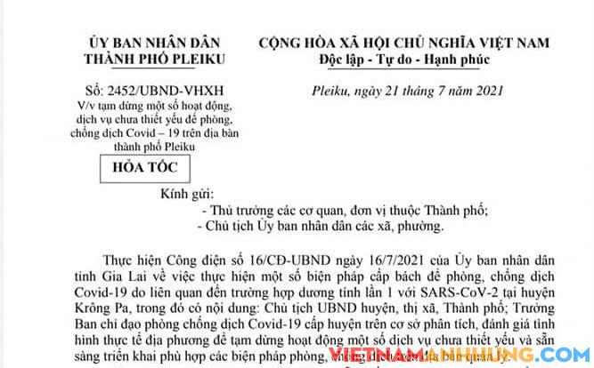 TP. PLEIKU: Tạm dừng một số hoạt động, dịch vụ chưa thiết yếu từ 00h ngày 22/7/2021 trên địa bàn thành phố
