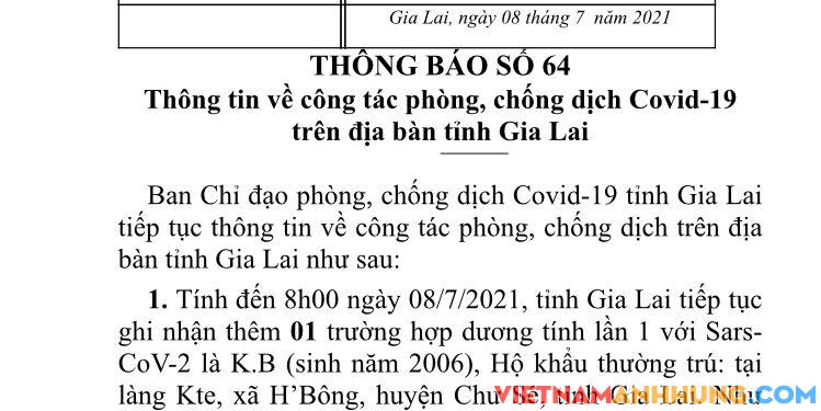 Gia Lai ghi nhận thêm 01 trường hợp dương tính Covid-19