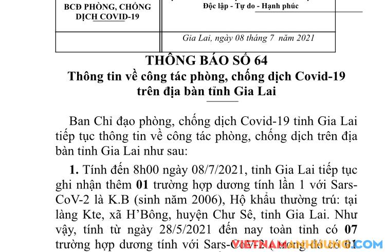 Gia Lai ghi nhận thêm 01 trường hợp dương tính Covid-19