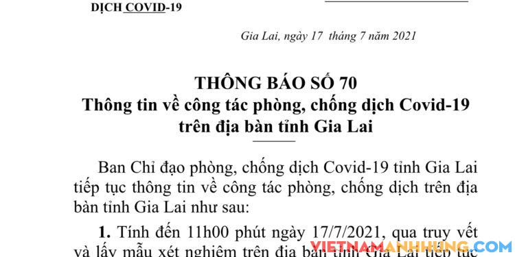 Thông báo số 70 về việc phát hiện thêm 01 trường hợp dương tính Covid-19