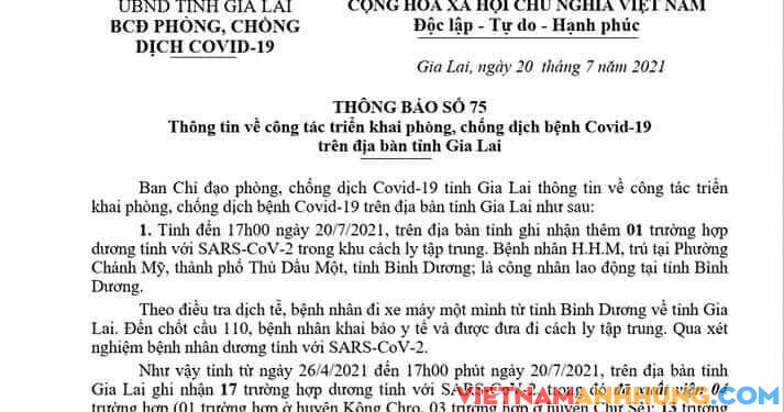 Gia Lai ngày 20-7 thêm 1 trường hợp dương tính với SARS-CoV-2