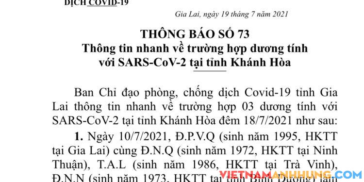 Hỏa tốc. Gia Lai thông tin nhanh về trường hợp dương tính Covid19 tại Khánh Hòa, có liên quan đến Pleiku, KBang.