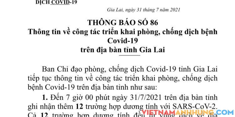 Thông báo số 86: Gia Lai ghi nhận thêm 12 trường hợp đi từ vùng dịch về dương tính Sars-CoV-2