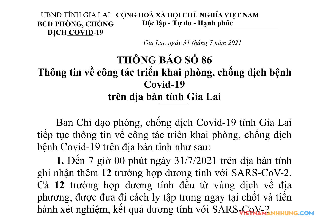 Thông báo số 86: Gia Lai ghi nhận thêm 12 trường hợp đi từ vùng dịch về dương tính Sars-CoV-2