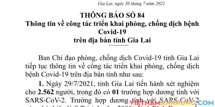 Thông báo số 84: Gia Lai ghi nhận thêm 01 trường hợp dương tính Sars-CoV-2 trong khu cách ly