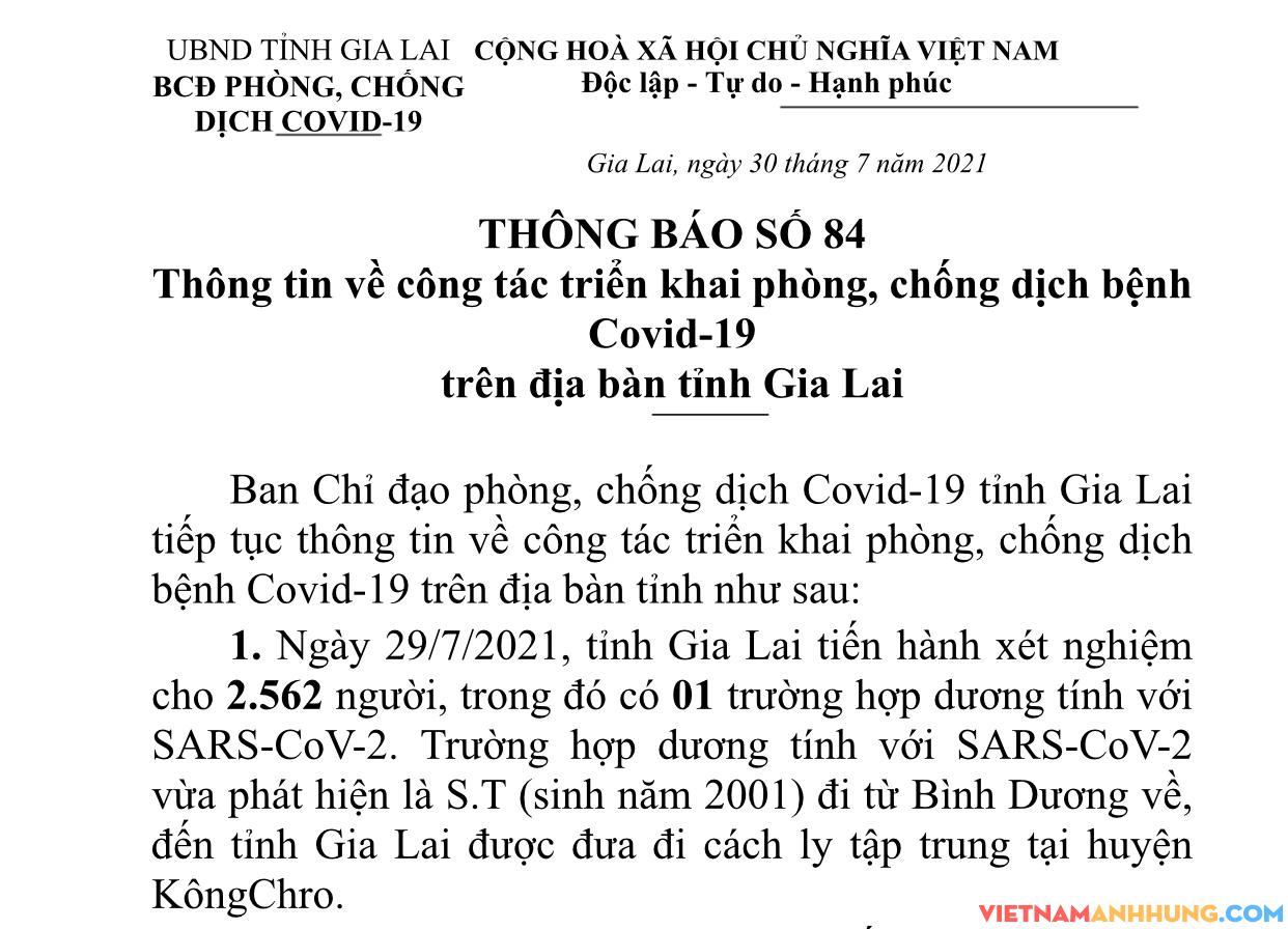 Thông báo số 84: Gia Lai ghi nhận thêm 01 trường hợp dương tính Sars-CoV-2 trong khu cách ly