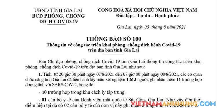 Thông báo số 100: Gia Lai ghi nhận thêm 11 ca dương tính với Sars-CoV-2 đi từ vùng dịch đã được cách ly và 01 ca là nhân viên y tế BV Mắt Sài Gòn