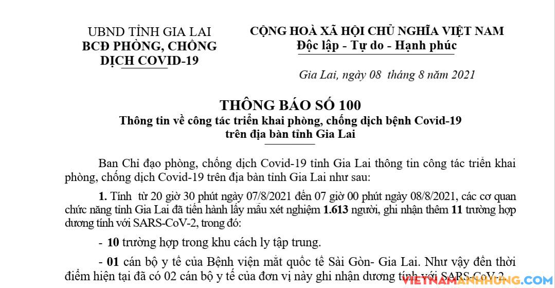 Thông báo số 100: Gia Lai ghi nhận thêm 11 ca dương tính với Sars-CoV-2 đi từ vùng dịch đã được cách ly và 01 ca là nhân viên y tế BV Mắt Sài Gòn