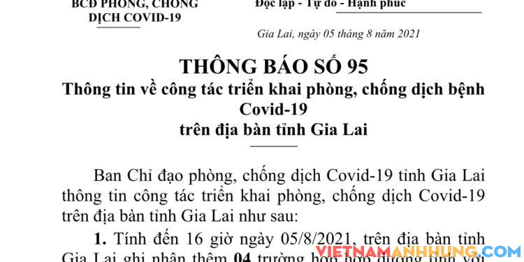 Thông báo số 95: Gia Lai ghi nhận thêm 04 trường hợp dương tính với Sars-CoV-2