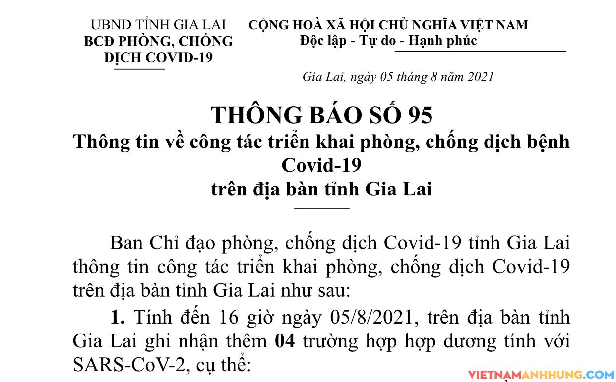 Thông báo số 95: Gia Lai ghi nhận thêm 04 trường hợp dương tính với Sars-CoV-2