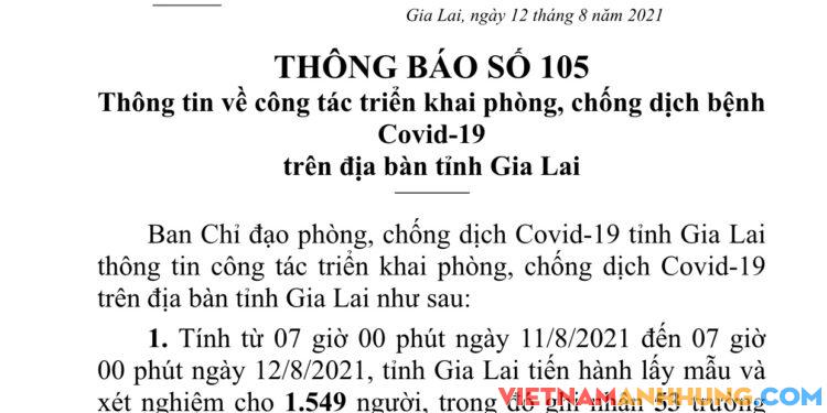 Thông báo số 105: Từ 7h00p ngày 11/8/2021 đến 7h00p ngày 12/8/2021 ghi nhận thêm 53 ca dương tính trong khu cách ly