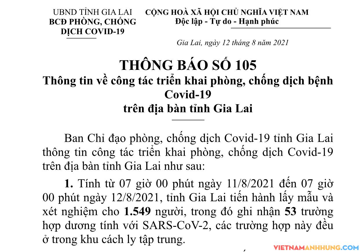 Thông báo số 105: Từ 7h00p ngày 11/8/2021 đến 7h00p ngày 12/8/2021 ghi nhận thêm 53 ca dương tính trong khu cách ly