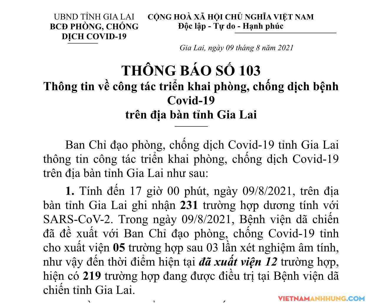 Thông báo số 103: Thông tin về các trường hợp khỏi bệnh và được xuất viện