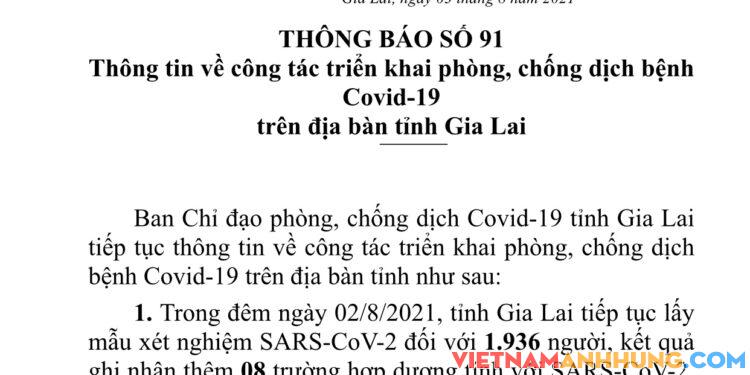 Thông báo số 91: Gia Lai ghi nhận thêm 08 trường hợp dương tính Sars-CoV-2 đi từ vùng dịch về đã được cách ly