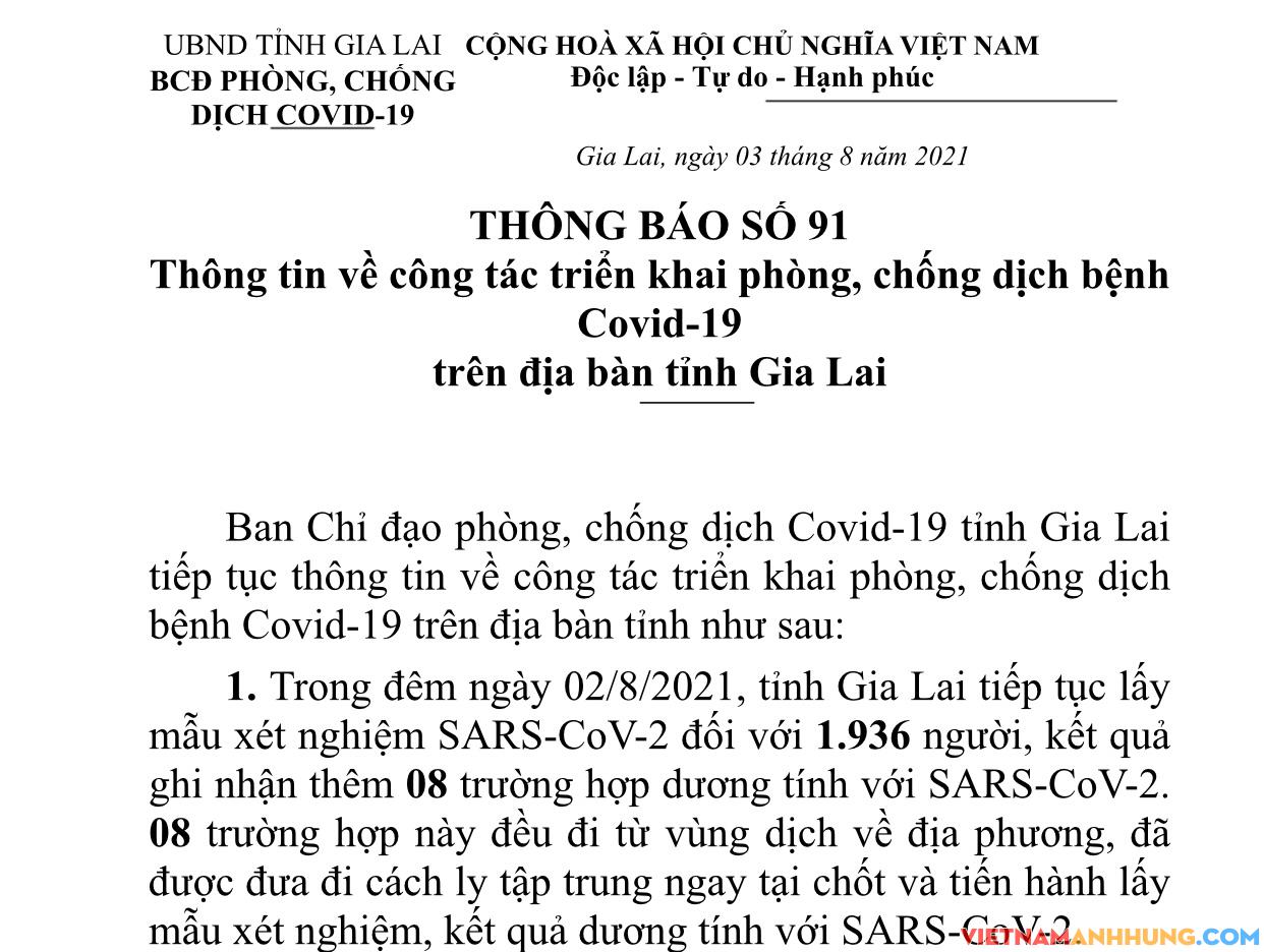 Thông báo số 91: Gia Lai ghi nhận thêm 08 trường hợp dương tính Sars-CoV-2 đi từ vùng dịch về đã được cách ly