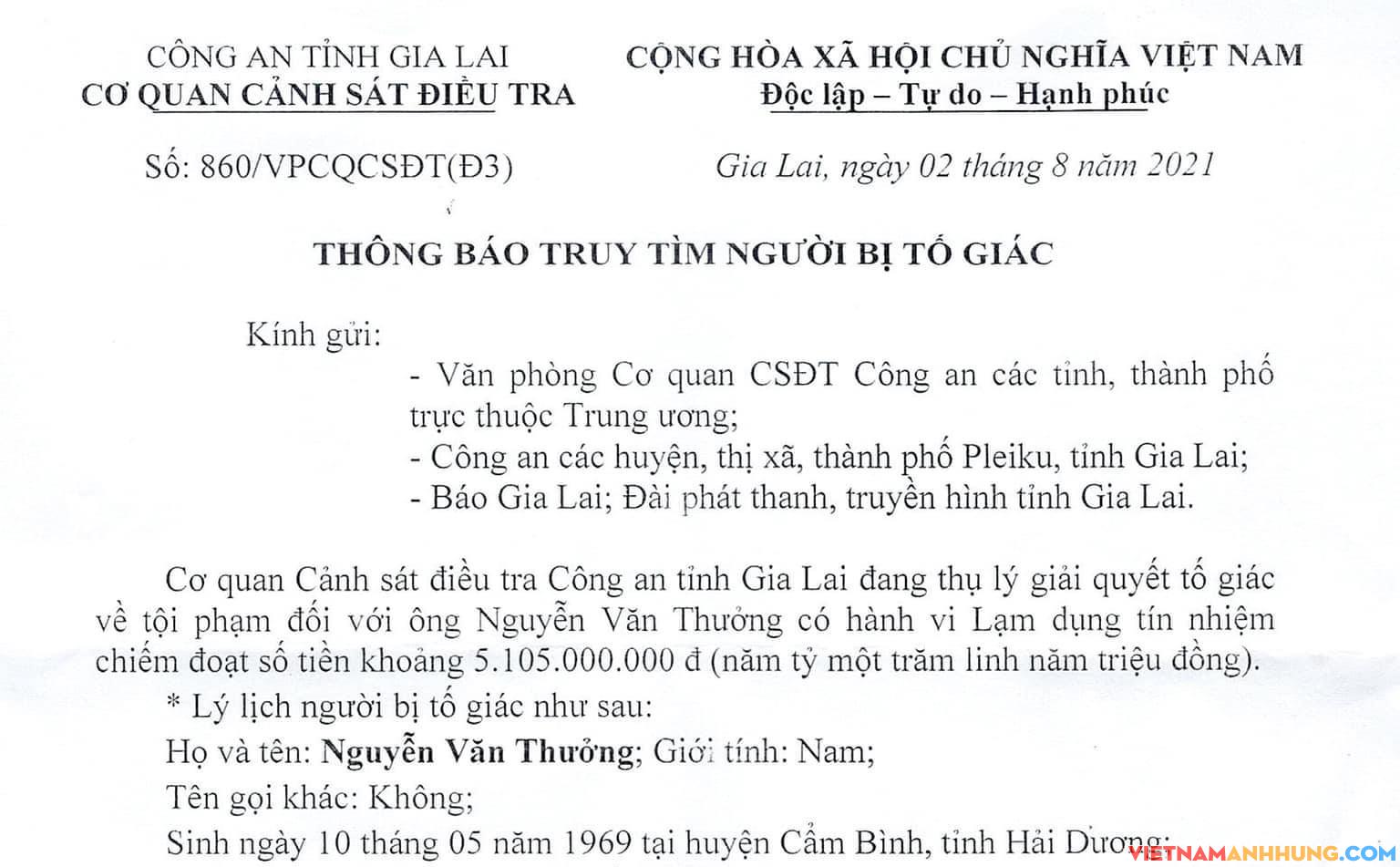 Thông báo truy tìm người bị tố giác