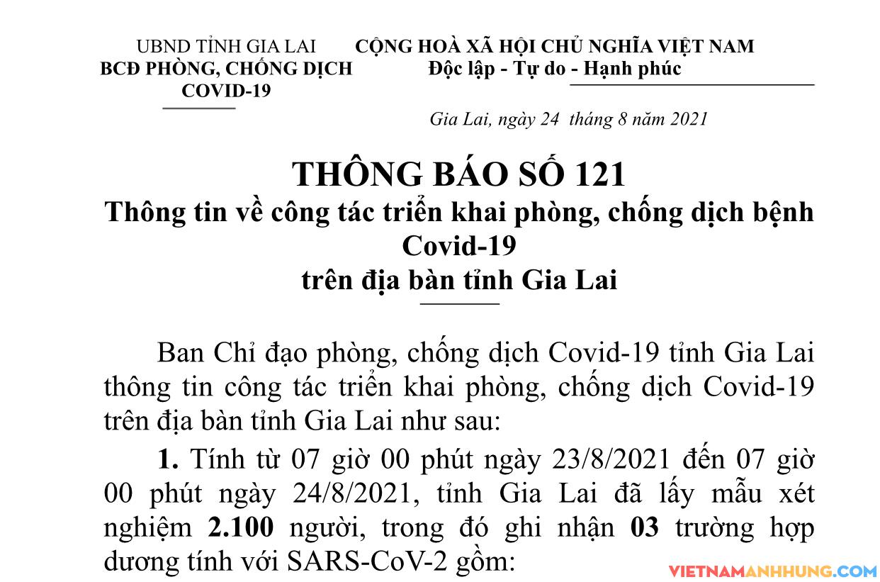 Thông báo 121: Gia Lai ghi nhận thêm 03 trường hợp dương tính với Sars-CoV-2