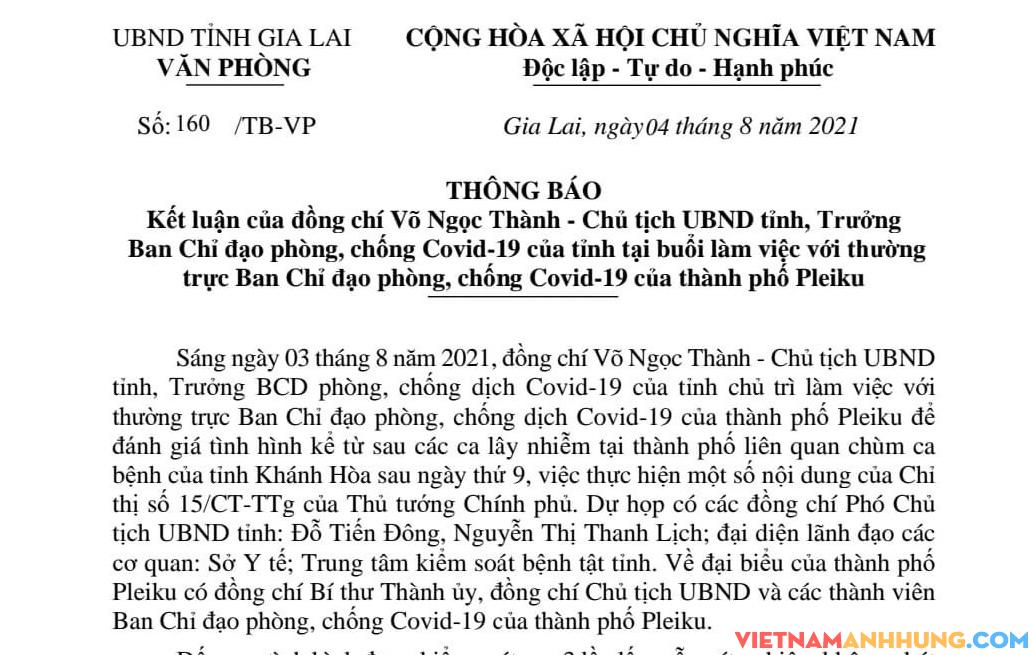 GIA LAI: Cho phép Tp. Pleiku không triển khai các quy định chung theo Chỉ thị 15 từ 13h ngày 04/8/2021