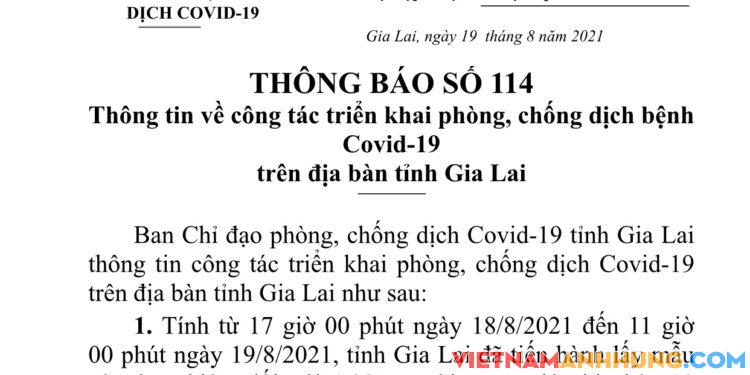 Thông báo 114: Gia Lai ghi nhận thêm 10 trường hợp dương tính với Sars-CoV-2