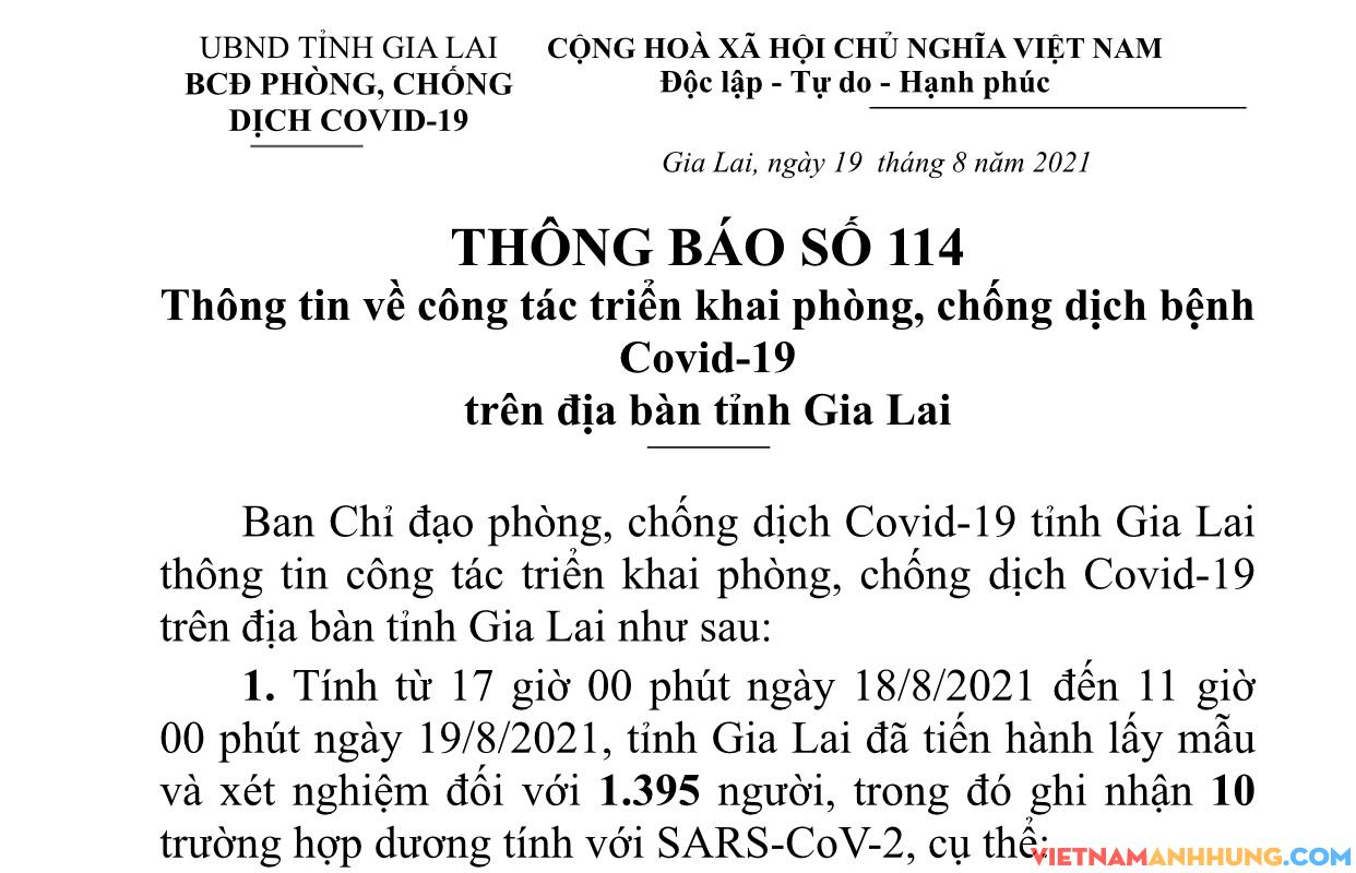 Thông báo 114: Gia Lai ghi nhận thêm 10 trường hợp dương tính với Sars-CoV-2