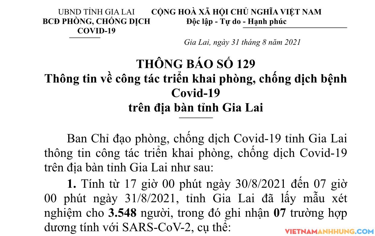 Thông báo 129: Gia Lai ghi nhận thêm 07 trường hợp dương tính Sars-CoV-2 đáng chú ý có 02 trường hợp đang là F2 và cách ly tại nhà