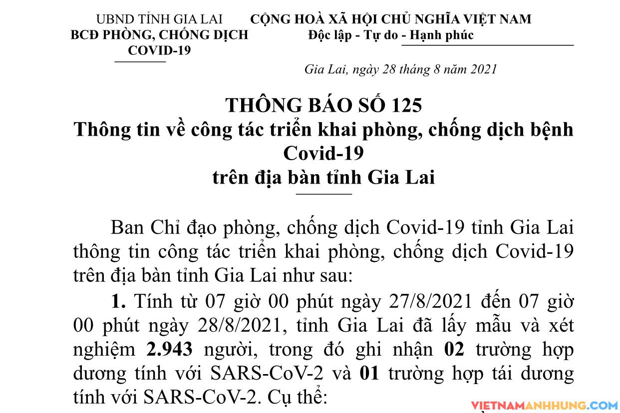 Thông báo 125: Gia Lai ghi nhận thêm 03 trường hợp dương tính với Sars-CoV-2