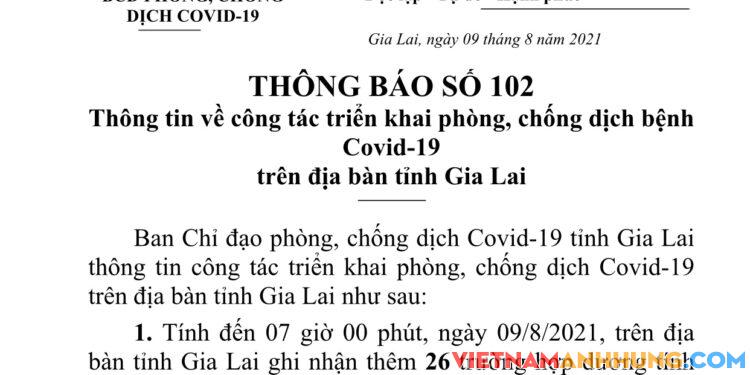 Thông báo số 102: Gia Lai ghi nhận 26 ca dương tính Sars-CoV-2 đi từ vùng dịch về đã được cách ly