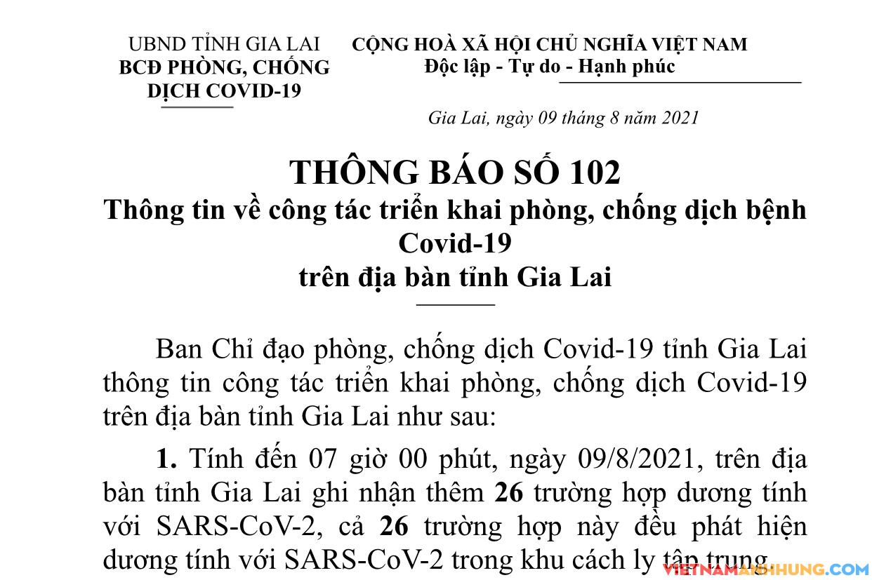 Thông báo số 102: Gia Lai ghi nhận 26 ca dương tính Sars-CoV-2 đi từ vùng dịch về đã được cách ly