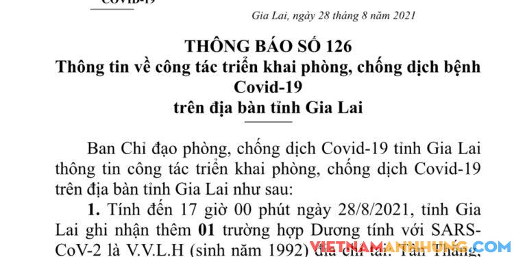Thông báo 126: Gia Lai ghi nhận thêm 01 trường hợp dương tính với Sars-CoV-2