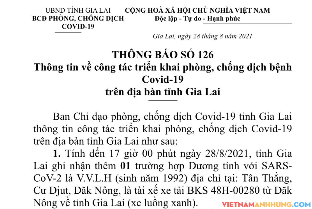 Thông báo 126: Gia Lai ghi nhận thêm 01 trường hợp dương tính với Sars-CoV-2