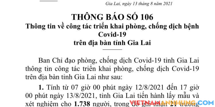 Thông báo 107: Gia Lai ghi nhận thêm 21 trường hợp dương tính trong khu cách ly