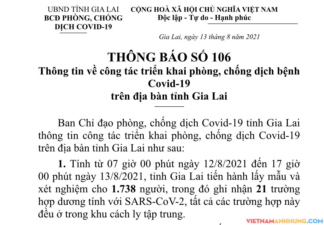 Thông báo 107: Gia Lai ghi nhận thêm 21 trường hợp dương tính trong khu cách ly