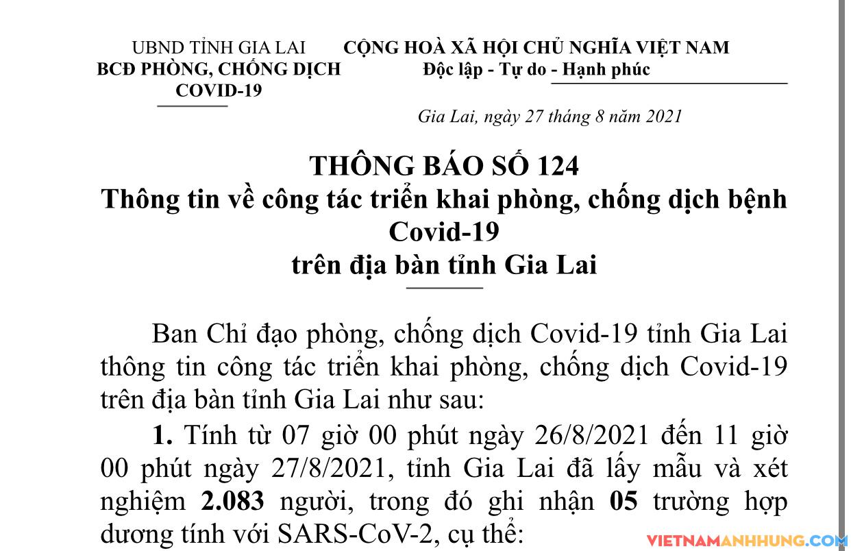 Thông báo 124: Gia Lai ghi nhận 05 trường hợp dương tính với Sars-CoV-2
