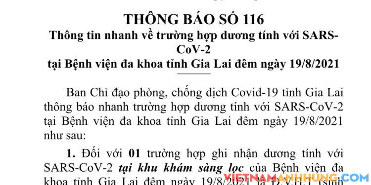 Thông báo 116: Gia Lai ghi nhận thêm 01 trường hợp dương tính với Sars-CoV-2