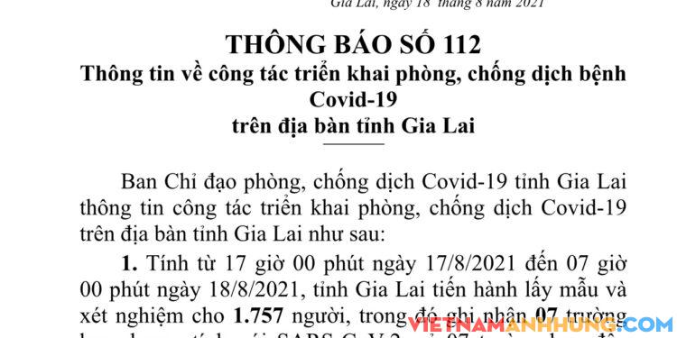 Thông báo 112: Gia Lai ghi nhận thêm 07 trường hợp dương tính với Sars-CoV-2 trong khu cách ly