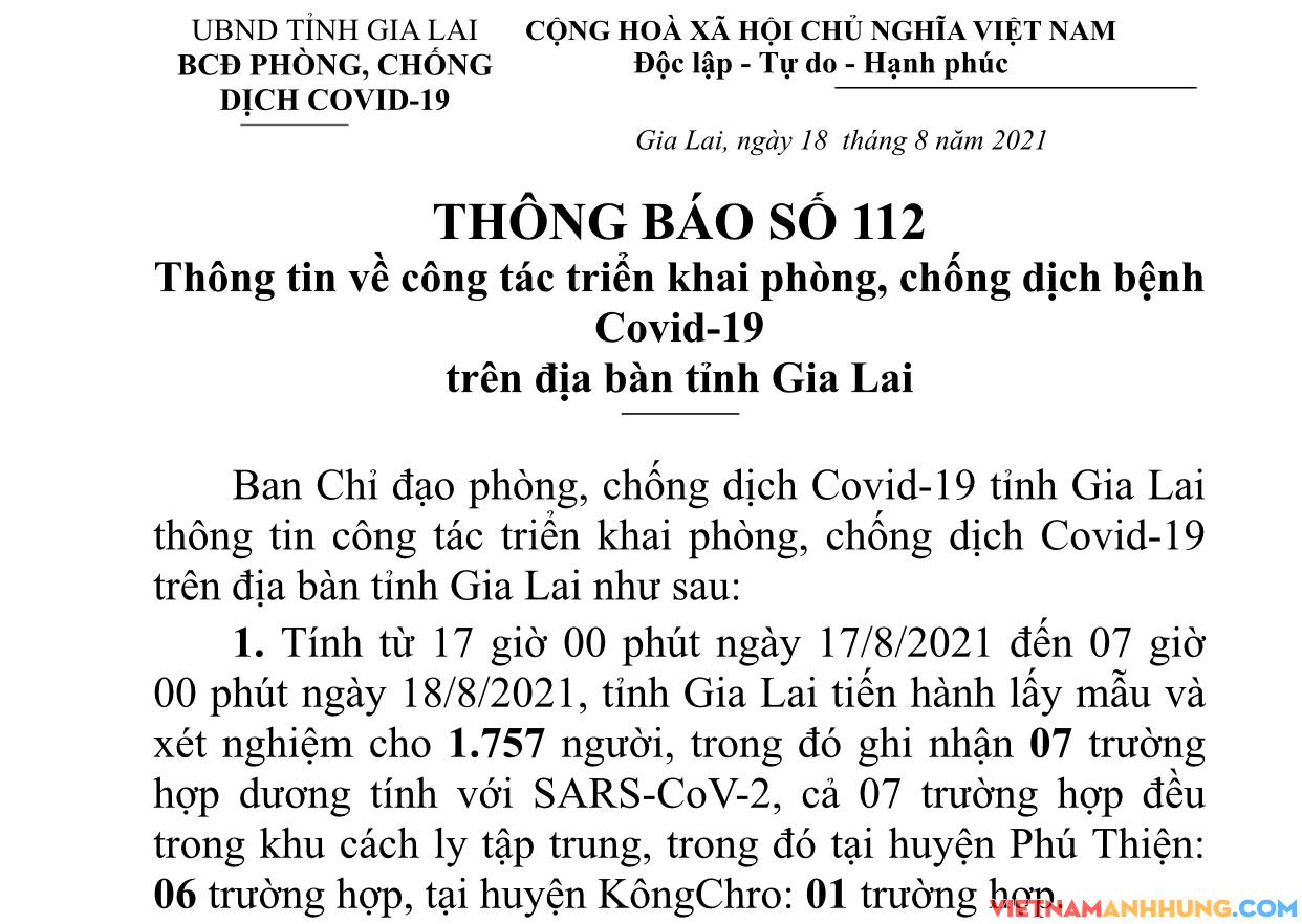 Thông báo 112: Gia Lai ghi nhận thêm 07 trường hợp dương tính với Sars-CoV-2 trong khu cách ly