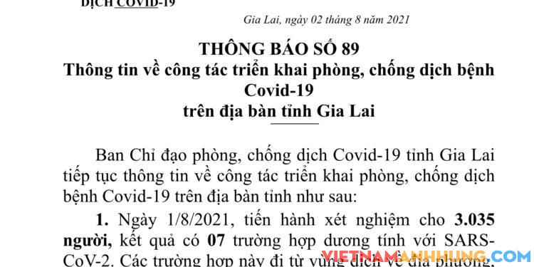 Thông báo số 89: Gia Lai ghi nhận thêm 07 trường hợp đi từ vùng dịch về dương tính Sars-CoV-2 đã được cách ly
