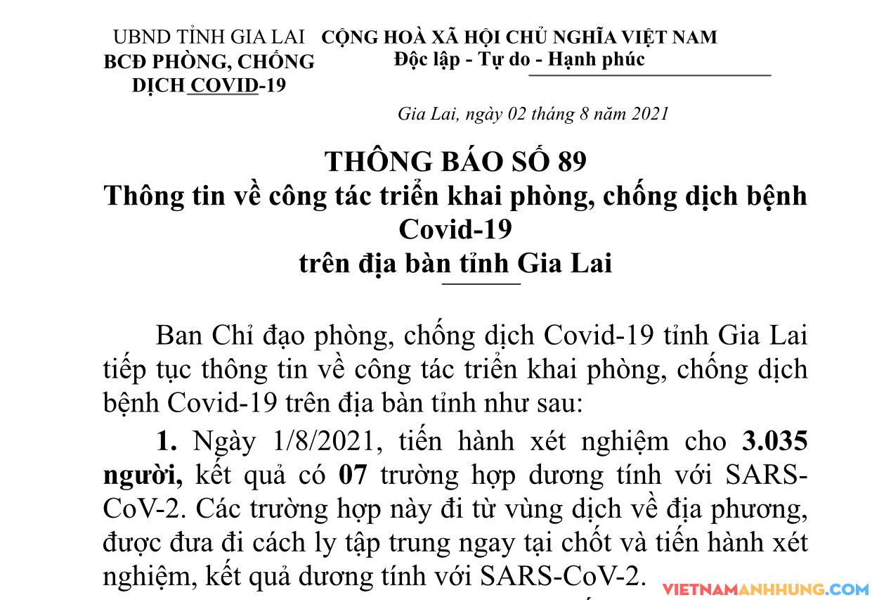 Thông báo số 89: Gia Lai ghi nhận thêm 07 trường hợp đi từ vùng dịch về dương tính Sars-CoV-2 đã được cách ly
