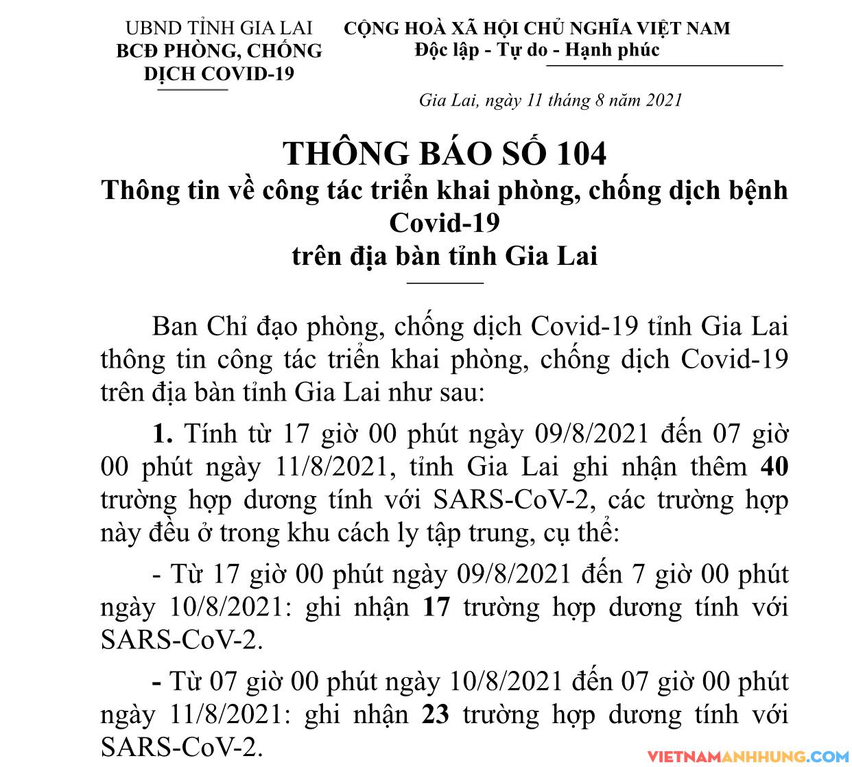 Thông báo số 104: Thông tin về công tác phòng, chống dịch Covid-19