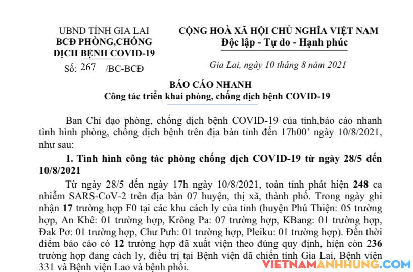 Thông báo tình hình phòng, chống dịch Covid-19 ngày 10/8/2021