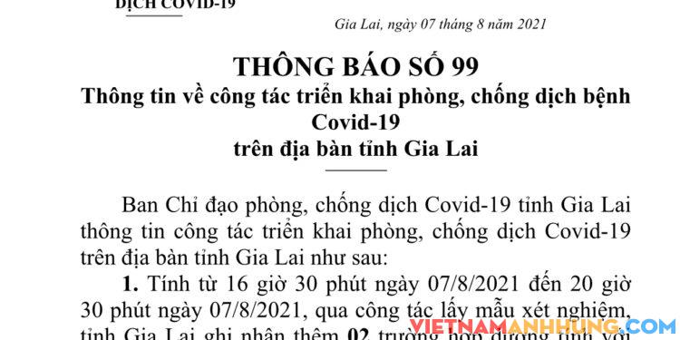 Thông báo số 99: Gia Lai ghi nhận thêm 02 trường hợp dương tính với Sars-CoV-2 tại khu cách ly tập trung